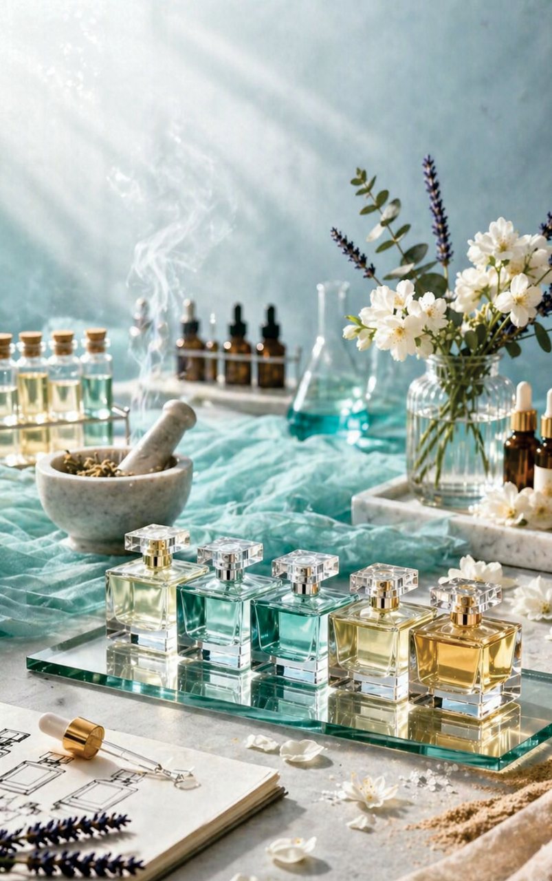 Perfume workshop table in Marbella with raw materials and bottles